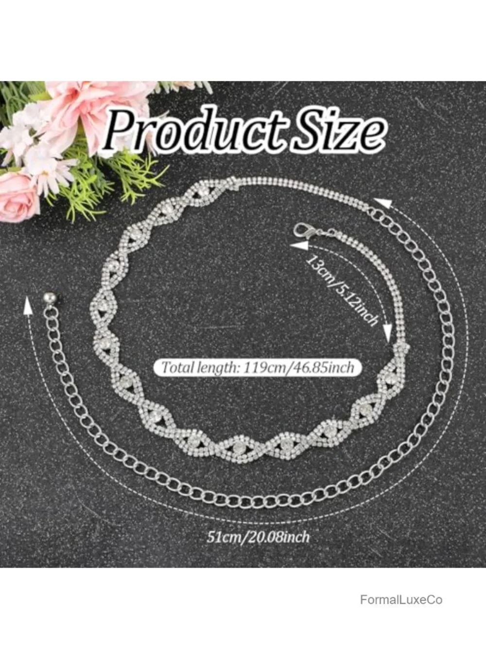 Sparkly Crystal Chain Belt for Women - Adjustable Silver Waist Belt for Dresses